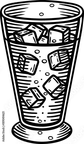 Glass of sparkling water with ice cubes, refreshing cold beverage illustration