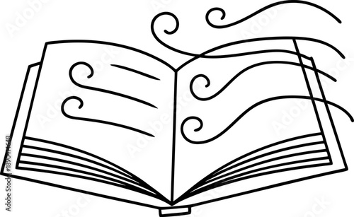 Open book with swirling breeze lines, symbolizing imagination, knowledge, and storytelling