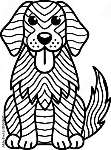 Cute sitting dog outline with patterned fur and playful expression with tongue out