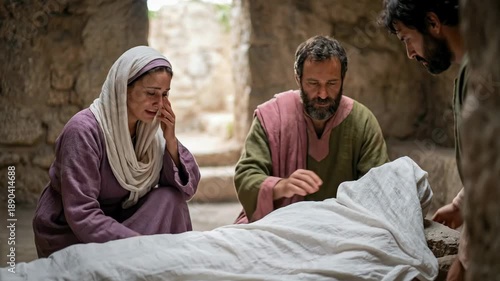 Woman and men attending to a deceased man, preparing his body for burial, depicting a somber biblical scene