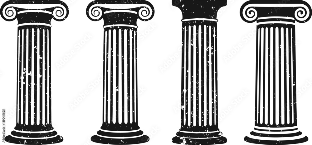 Naklejka premium Classic ancient greek columns set in black silhouette with distressed texture and different capitals