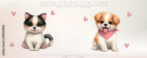 Watercolor pet clipart collection. Cute hand-painted illustrations of furry friends.