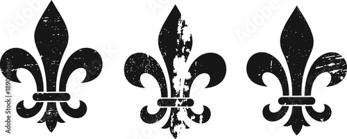 set of three distressed fleur de lis symbols in black on white background