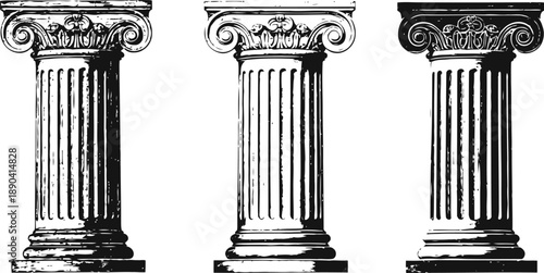 three classical corinthian columns with ornate capitals and fluted shafts in black and white