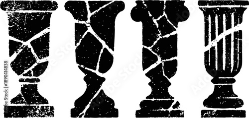 cracked ancient stone columns, classical architectural designs in silhouette, vintage distressed textures