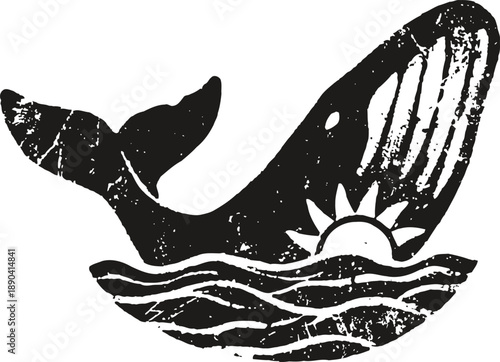 Whale breaching ocean waves with sun rising behind, marine wildlife silhouette design