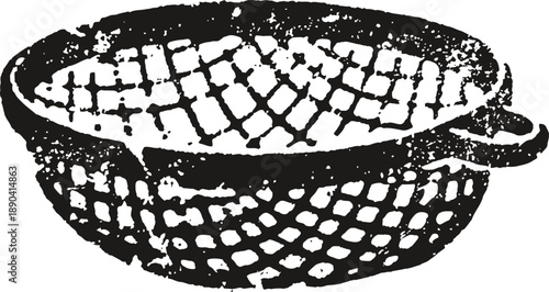 Vintage woven basket illustration, round handmade wicker container, rustic craft with handle