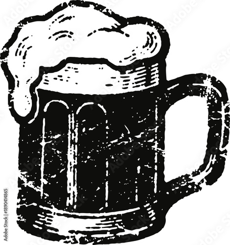 Vintage beer mug with frothy foam, classic rustic brewery illustration