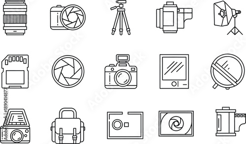 Minimalist photography equipment line art icons set featuring camera gear accessories
