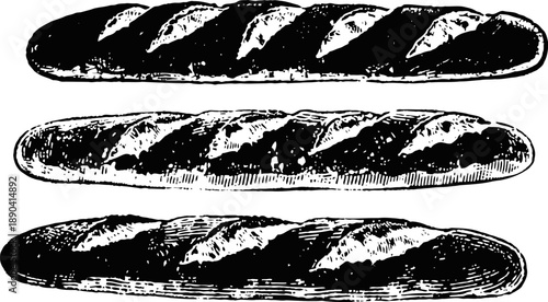 Three traditional baguettes illustrated in black and white vintage