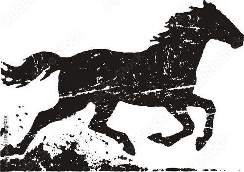Galloping horse silhouette with dust effect in dynamic motion on white background