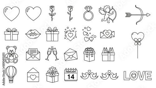 Collection of love-themed icons including hearts, gifts, and cupid, showcasing various symbols of affection and romance in a simple line art style.