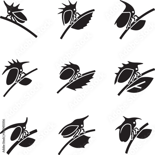 Nine black silhouette insects on branches with leaves black and white leaf desi