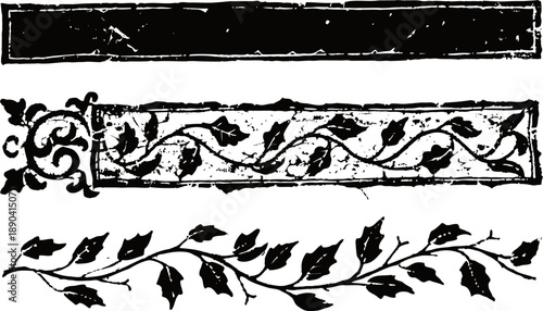 Vintage decorative horizontal borders with floral vine and leaves elements in black ink