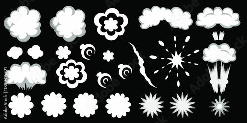 Collection of diverse white explosion and smoke effect illustrations on black