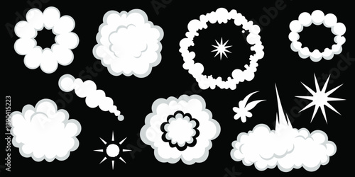 Collection of white explosion and smoke effects on a black background