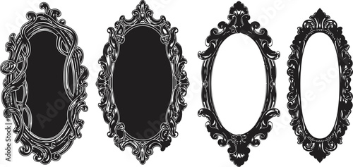Set of ornate vintage oval mirrors with intricate decorative frames in black silhouette
