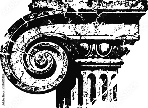Ancient ionic column capital with spiral volute and fluted shaft design, weathered texture detail