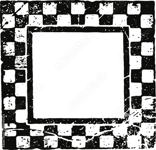 Grunge black and white checkered square frame with distressed texture and vintage border design