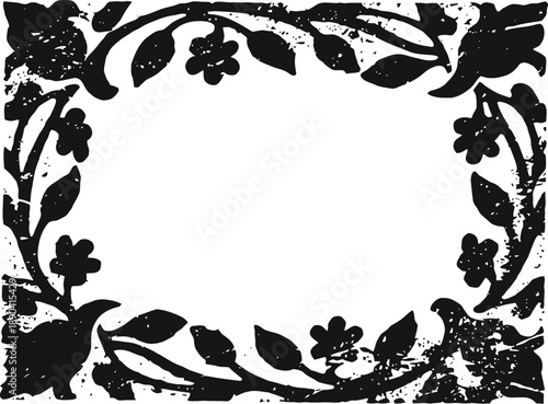 Vintage floral frame border with distressed texture and decorative leaves and flowers