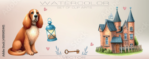Watercolor illustration set of cute pets. Cats, dogs, and rabbits in soft pastel tones.