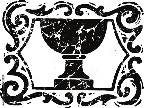 Vintage trophy cup emblem with decorative ornamental frame in distressed