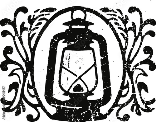 Vintage lantern illustration with ornate floral frame in black and white design