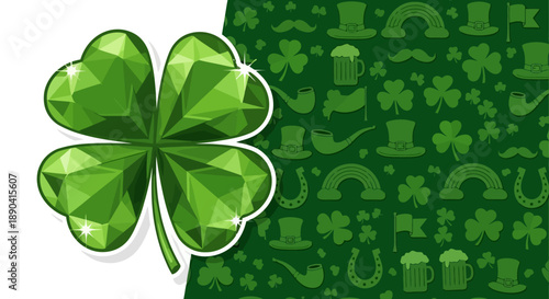 Vibrant emerald green four leaf clover symbol of luck.