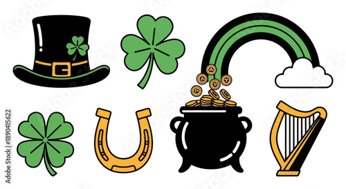 St Patricks Day Symbols Collection with Hat Clover Pot of Gold Rainbow Harp and Horseshoe.