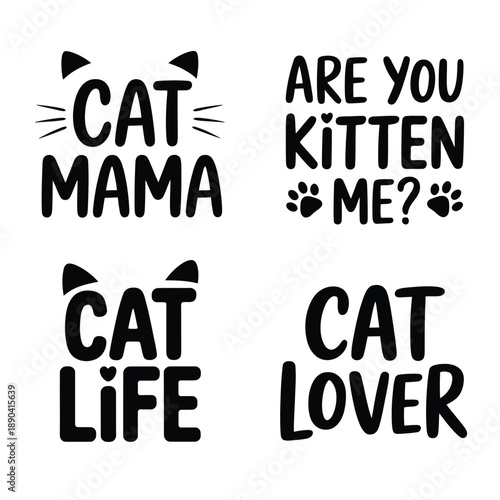 Playful typographic design featuring cat themed phrases and whimsical paw prints