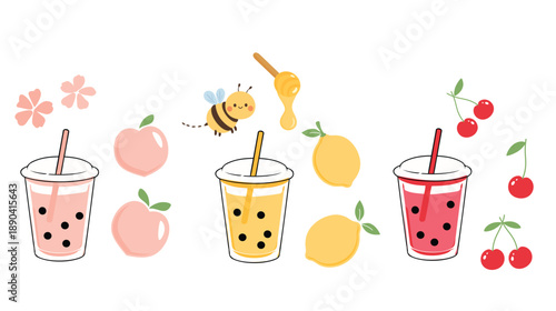 Cute bubble tea illustration set with peach, lemon, cherry flavors and honey bee elements, featuring colorful drink cups in a clean flat style for café branding, packaging, and playful food designs.