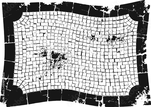 Distressed vintage cobblestone pavement with irregular rectangular tiles and worn edges design