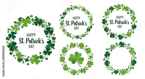 Set of St Patricks Day shamrock wreaths and frames with festive greetings.