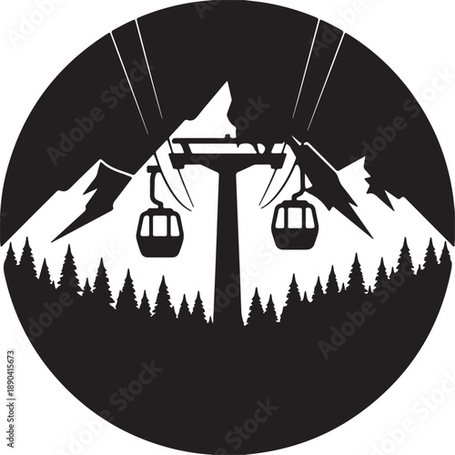 Mountain ski lift gondola with evergreen forest silhouette in circular design