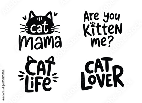 Playful black and white graphic with cat themed words and illustrations