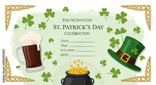 St Patricks Day Celebration Invitation with Beer Mug Leprechaun Hat and Pot of Gold.
