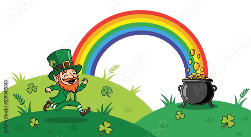 Joyful Leprechaun with Pot of Gold and Rainbow.