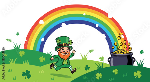 A cheerful leprechaun running towards a pot of gold under a vibrant rainbow.
