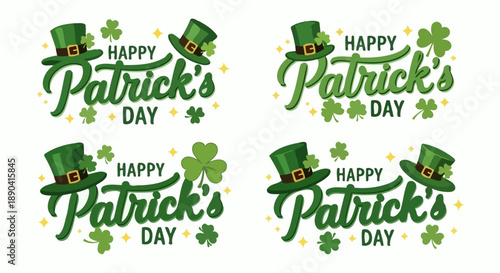 Happy St Patricks Day typography with green hats and shamrocks.