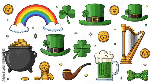 Vibrant collection of St Patricks Day symbols including leprechaun hats, shamrocks, and a pot of gold.