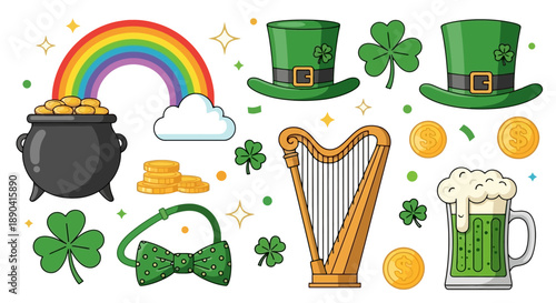 St Patricks Day Celebration Collection with Rainbow Pot of Gold and Lucky Shamrocks.