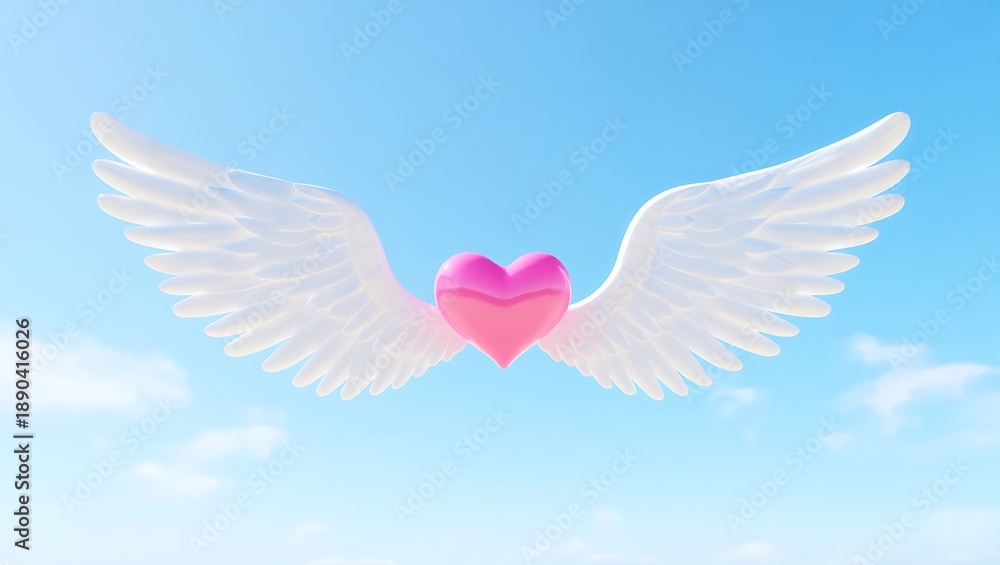 Fototapeta premium White angel wings with a glowing pink heart symbolizing love peace and spiritual protection isolated on transparent background