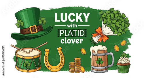 St Patricks Day celebration with lucky clover and traditional Irish symbols.