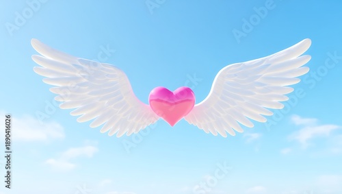 White angel wings with a glowing pink heart symbolizing love peace and spiritual protection isolated on transparent background