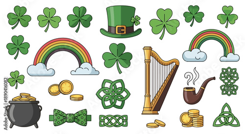 Vibrant collection of St Patricks Day themed illustrations featuring shamrocks, leprechaun hat, rainbows, and gold coins.