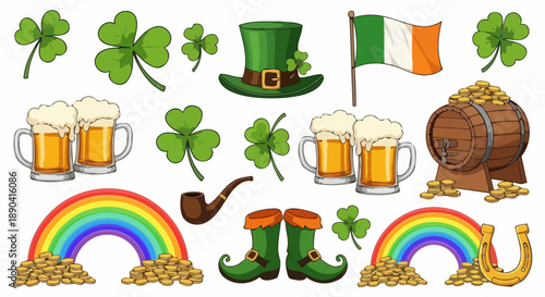 St Patricks Day Celebration Collection with Shamrocks Beer Gold and Leprechaun Hat.