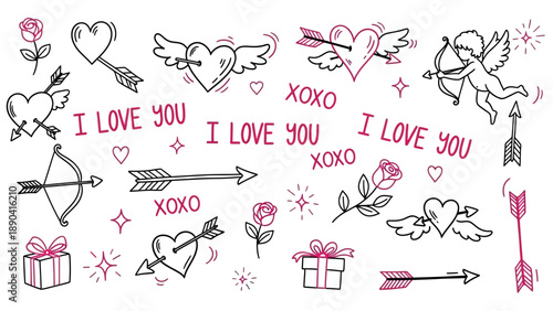 Collection of hand-drawn doodles featuring hearts, arrows, and cherubs on a plain background from a straightforward viewpoint