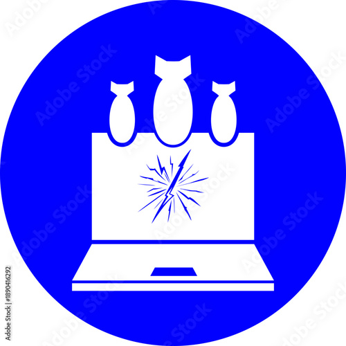 Minimalist blue circle icon featuring a laptop under aerial bomb attack with a lightning bolt strike symbol representing cyber warfare and digital threats
