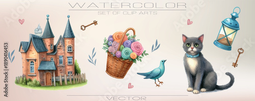 Hand-painted watercolor pet set. Kittens, puppies, and hamsters in warm colors.