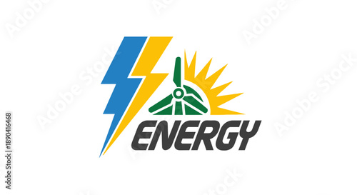 A vibrant logo depicting renewable energy sources, featuring a lightning bolt, a wind turbine, and a sun, with the word 'ENERGY' written below.